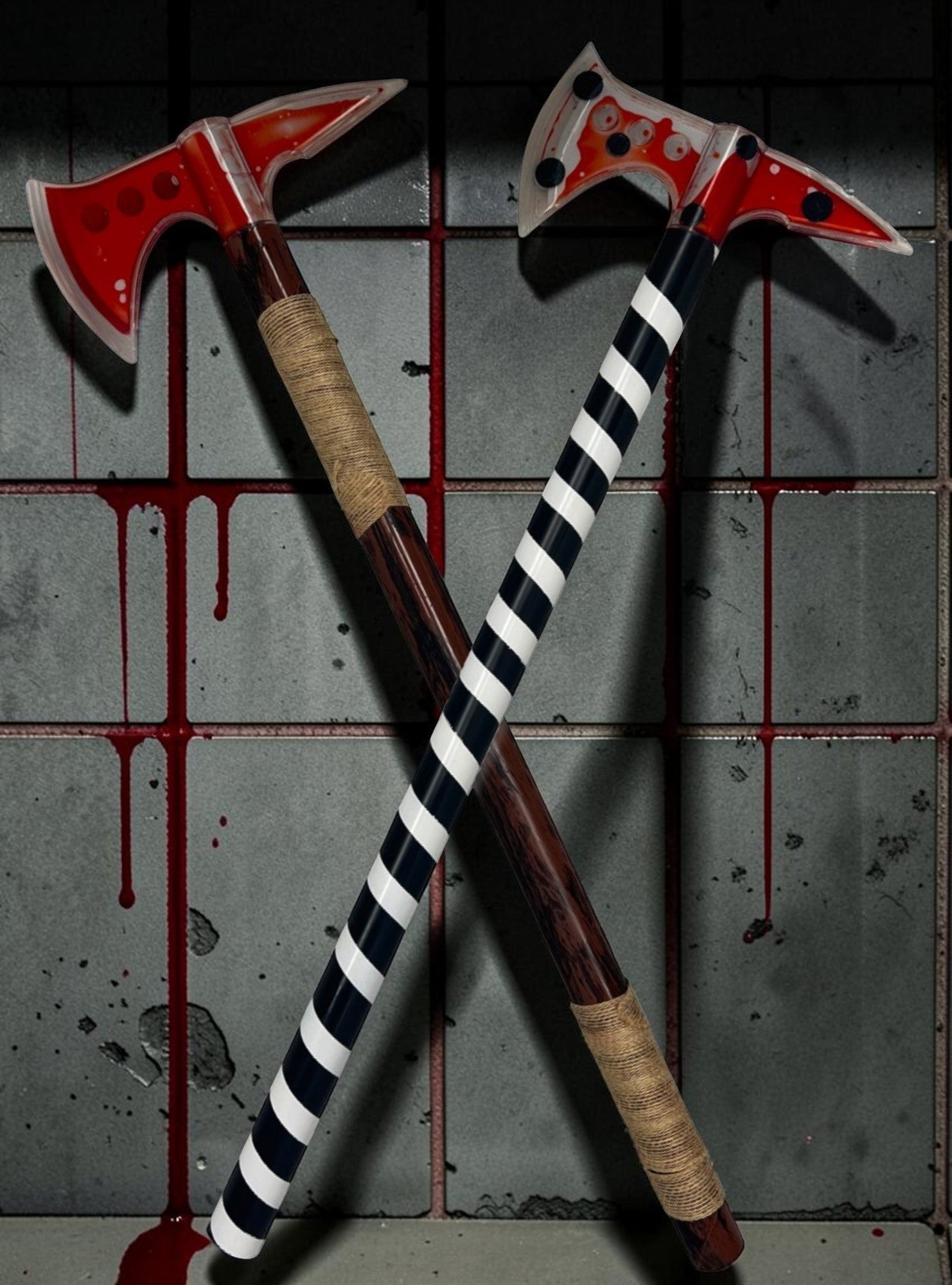 Halloween-Emporium 24-inch bleeding axe costume props with liquid-filled blades and twine or striped handles.