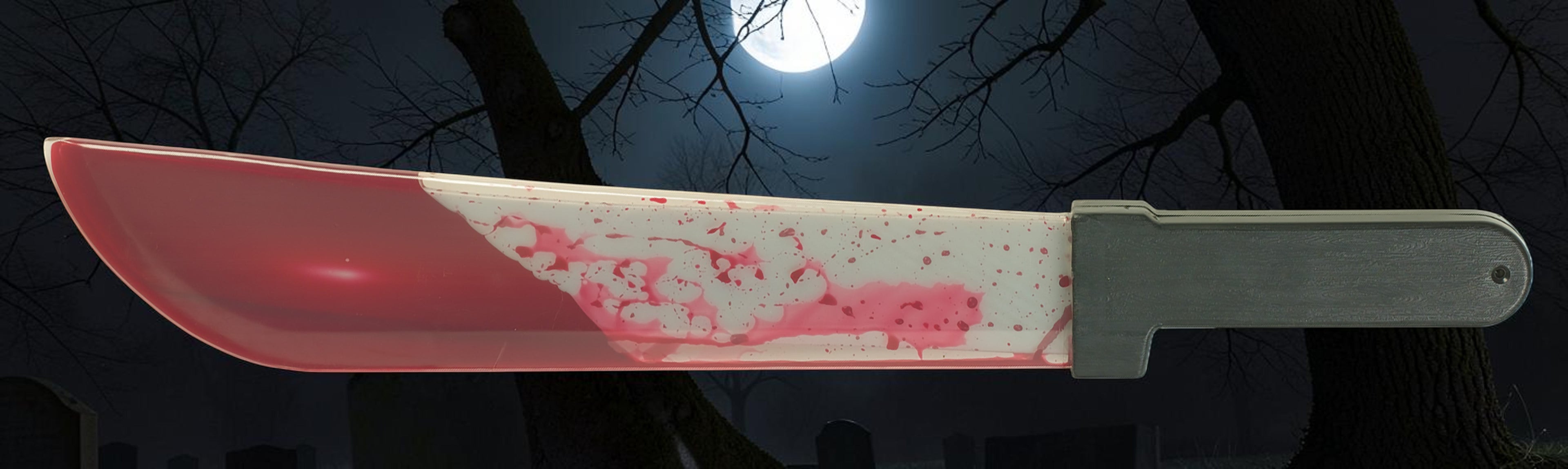 Halloween-Emporium 24-inch Ghost Face bleeding machete prop with a realistic blood-filled blade and grey handle.