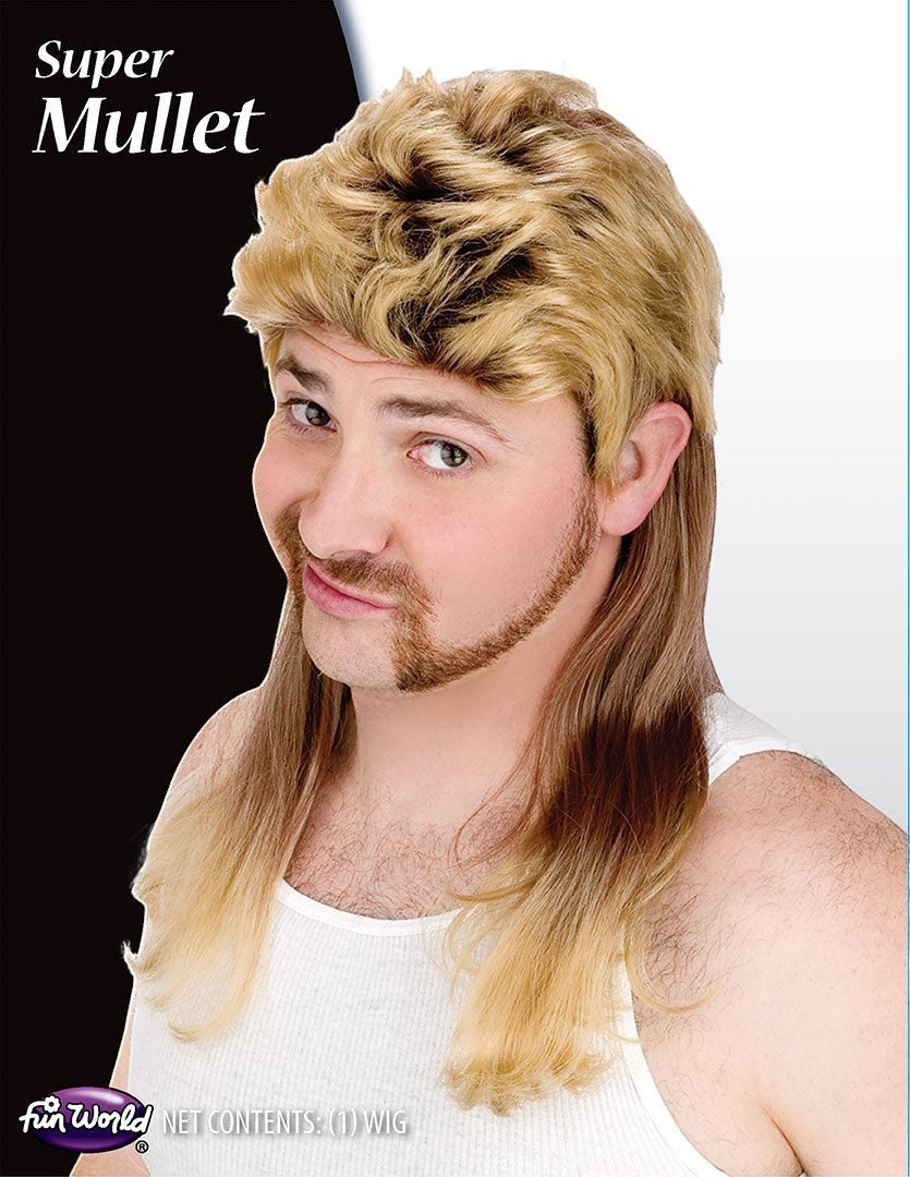 Halloween-Emporium blonde mullet costume wig with voluminous top and long back layers on a man with a goatee