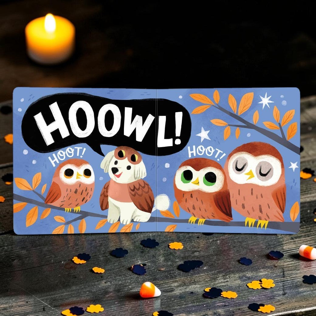 Halloween-Emporium Boo Bark! board book showing a puppy and owls with Hoowl! text on a rustic table with candy corn.