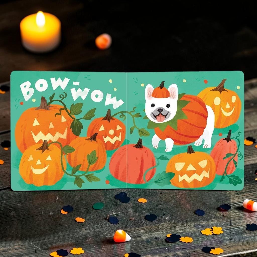 Halloween-Emporium Boo Bark! board book featuring a French Bulldog in a pumpkin costume surrounded by jack-o'-lanterns.
