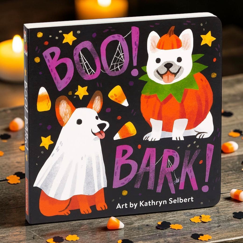 Halloween-Emporium Boo Bark! board book featuring colorful illustrations of dogs in pumpkin and ghost costumes.