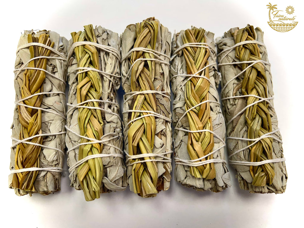 Halloween-Emporium braided sweetgrass and white sage smudge bundles for purification and positive energy.