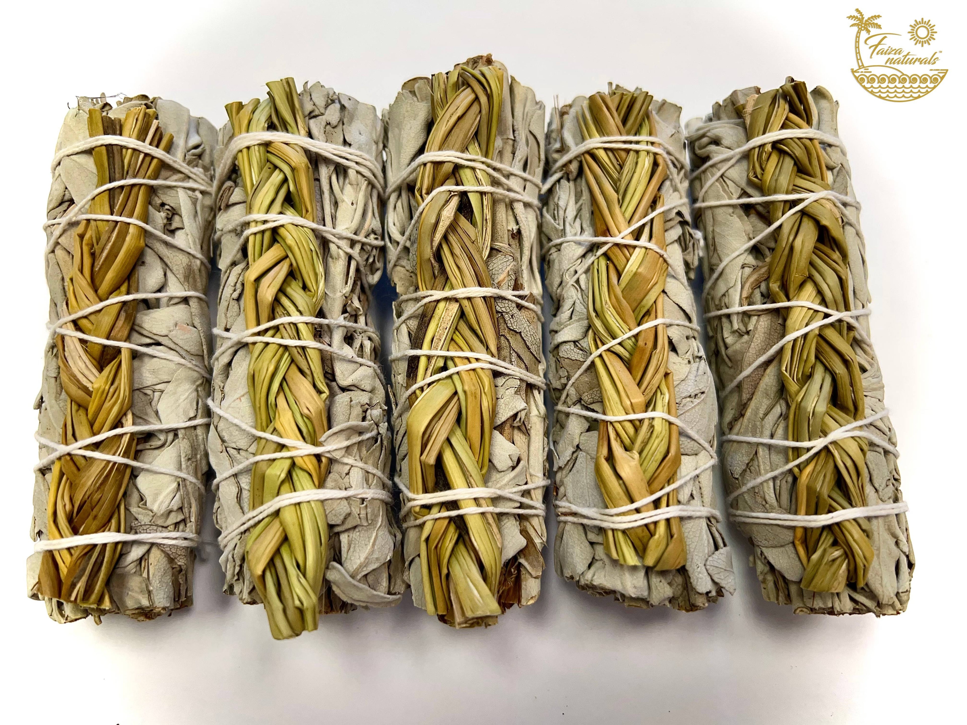 Halloween-Emporium braided sweetgrass and white sage smudge bundles for purification and positive energy.