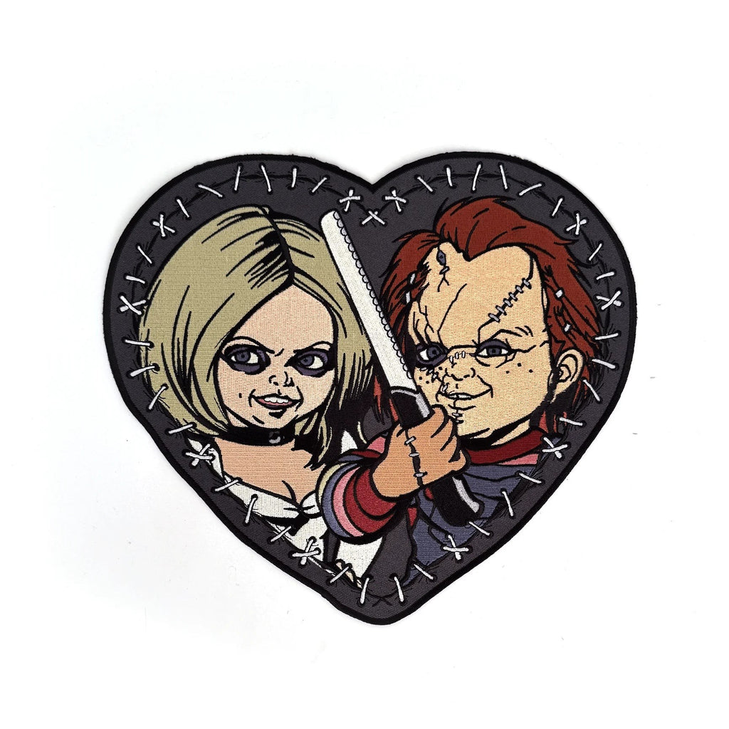 Halloween-Emporium Bride of Chucky heart-shaped embroidered back patch featuring Chucky and Tiffany with stitch details.