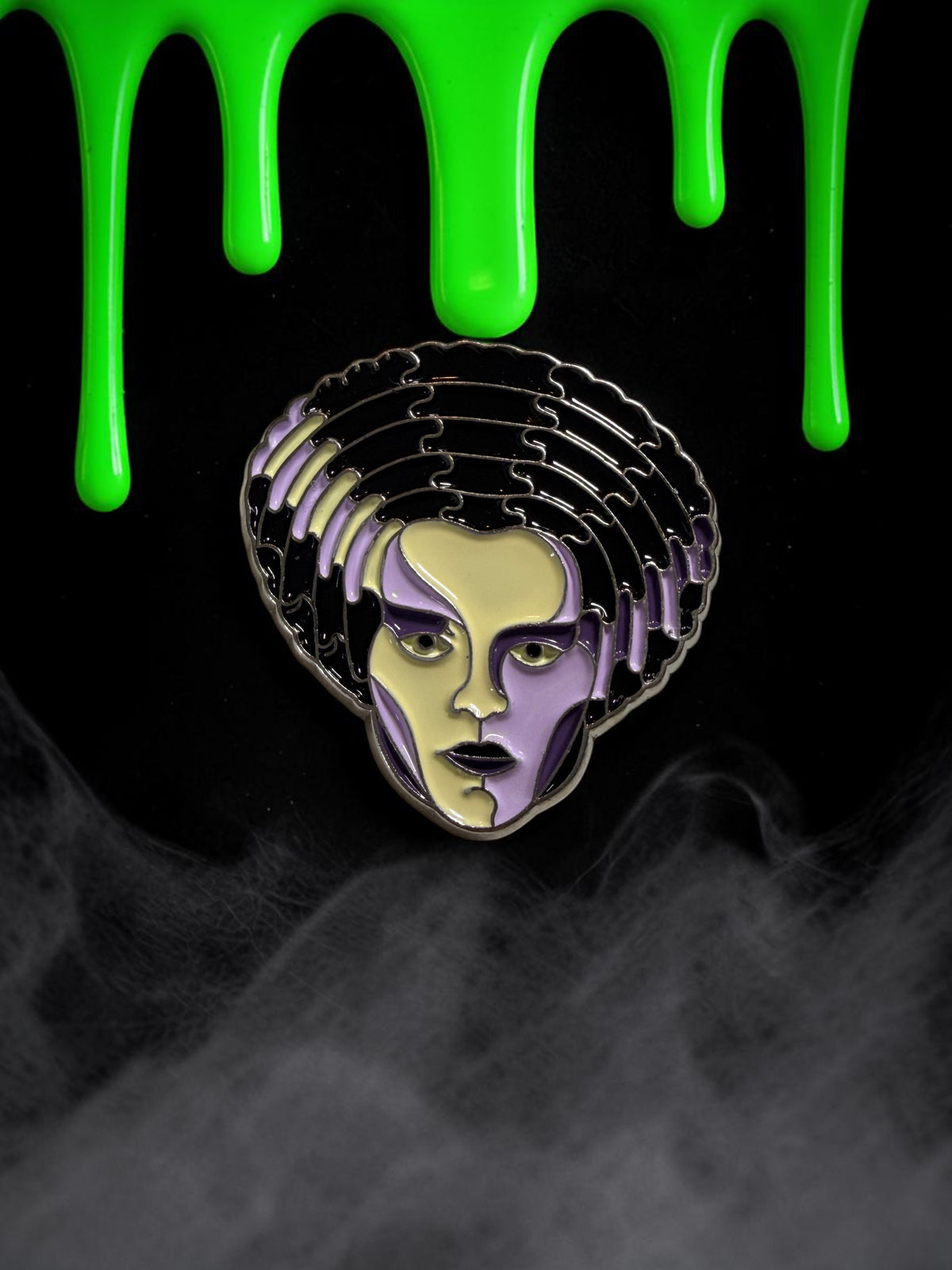 Halloween-Emporium Bride of Frankenstein soft enamel pin featuring iconic monster portrait on a black background
