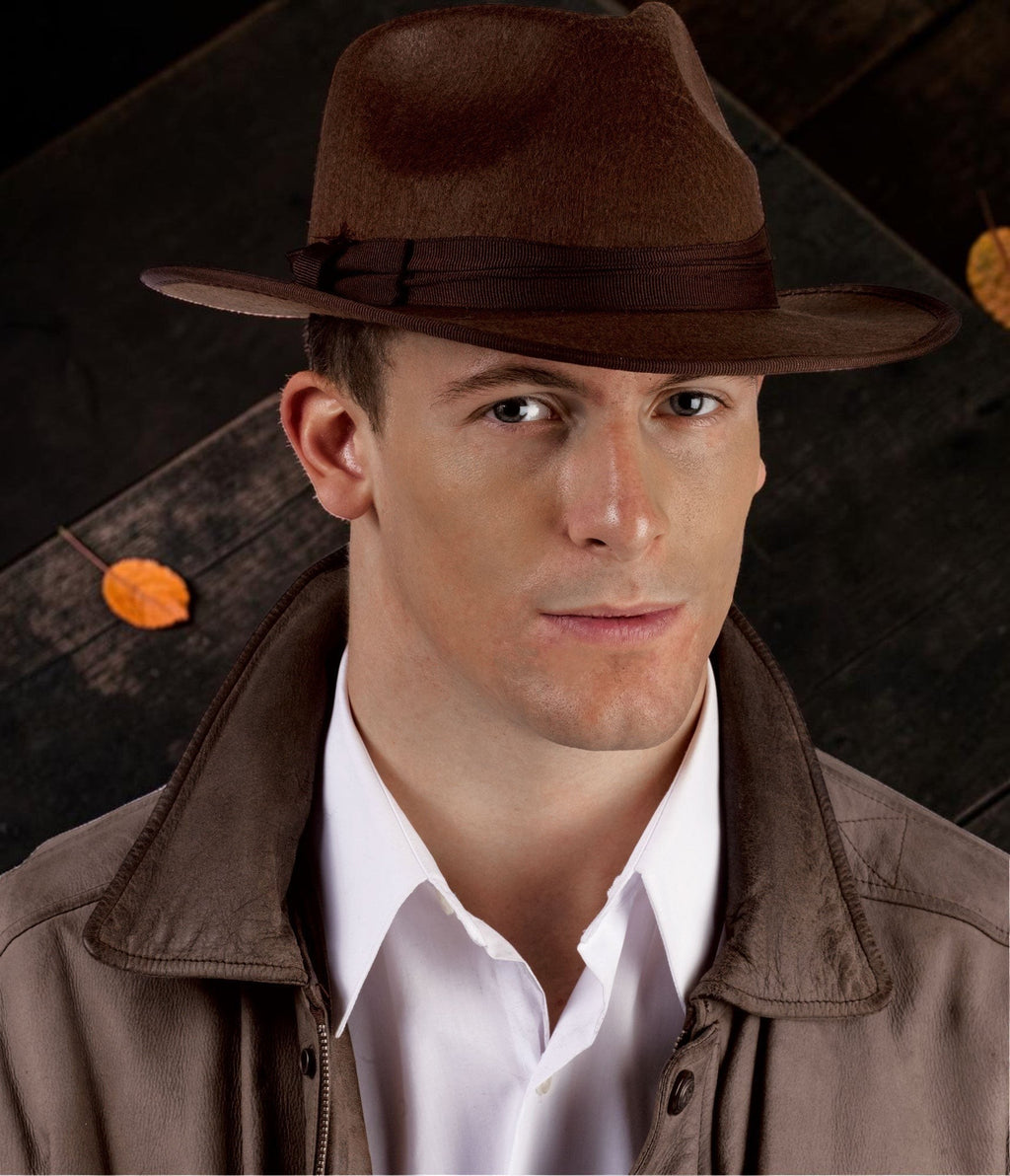 Halloween-Emporium brown felt fedora hat with ribbon band worn by a man in a vintage-style jacket