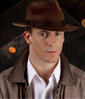 Halloween-Emporium brown felt fedora hat with ribbon band worn by a man in a vintage-style jacket