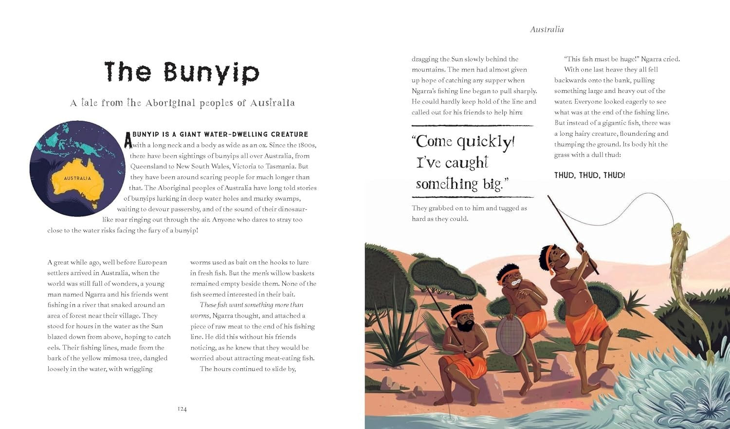 Halloween-Emporium book page showing The Bunyip story from Australia with illustrations of children fishing.