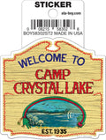 Halloween-Emporium Camp Crystal Lake die-cut vinyl sticker featuring a wooden sign design from Friday the 13th.