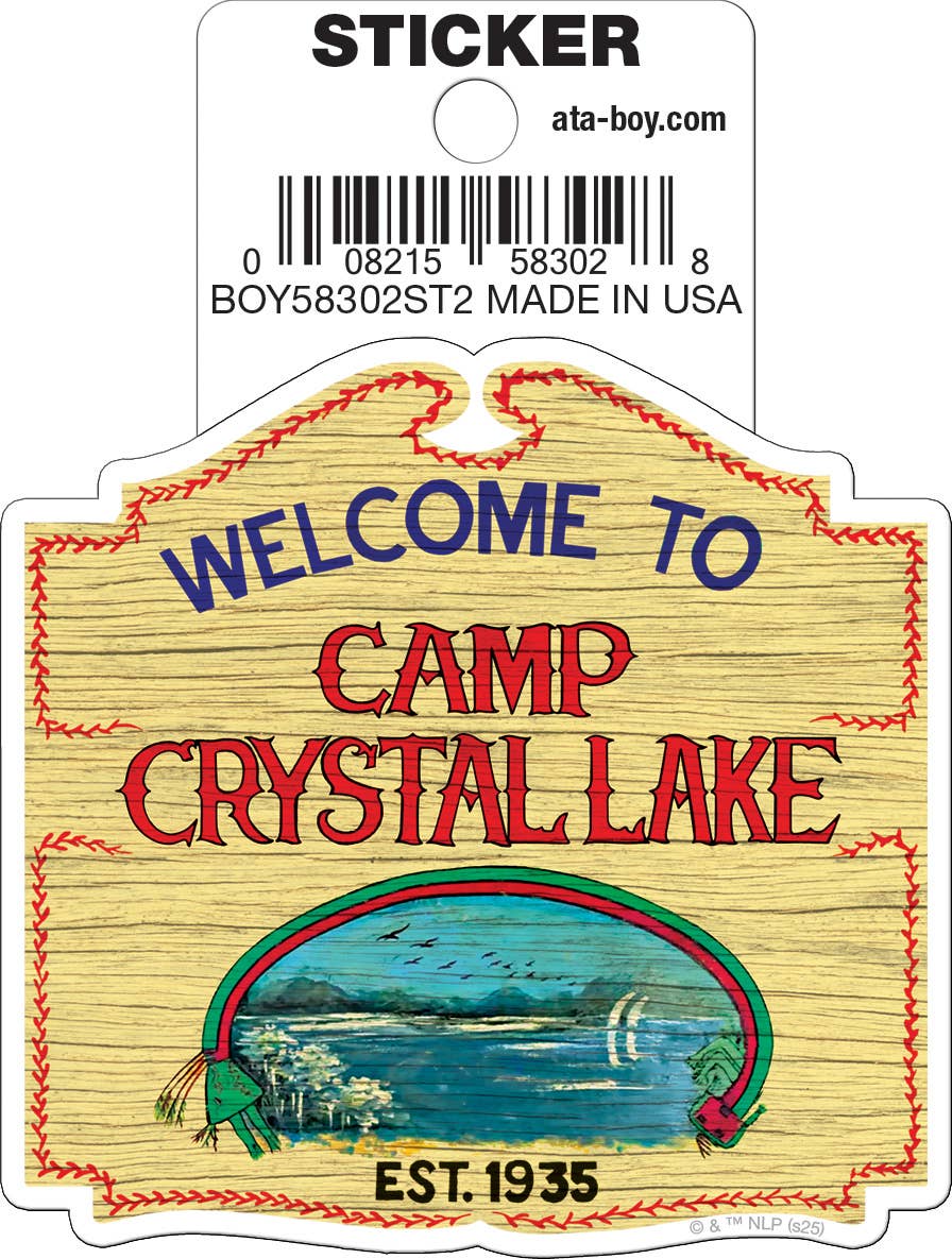 Halloween-Emporium Camp Crystal Lake die-cut vinyl sticker featuring a wooden sign design from Friday the 13th.