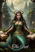 Halloween-Emporium Capricorn tarot card featuring a mermaid with horns reading books in a fantasy castle setting.