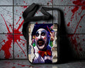 Halloween-Emporium Captain Spaulding horror movie messenger bag with clown graphic on a blood-splattered wall background