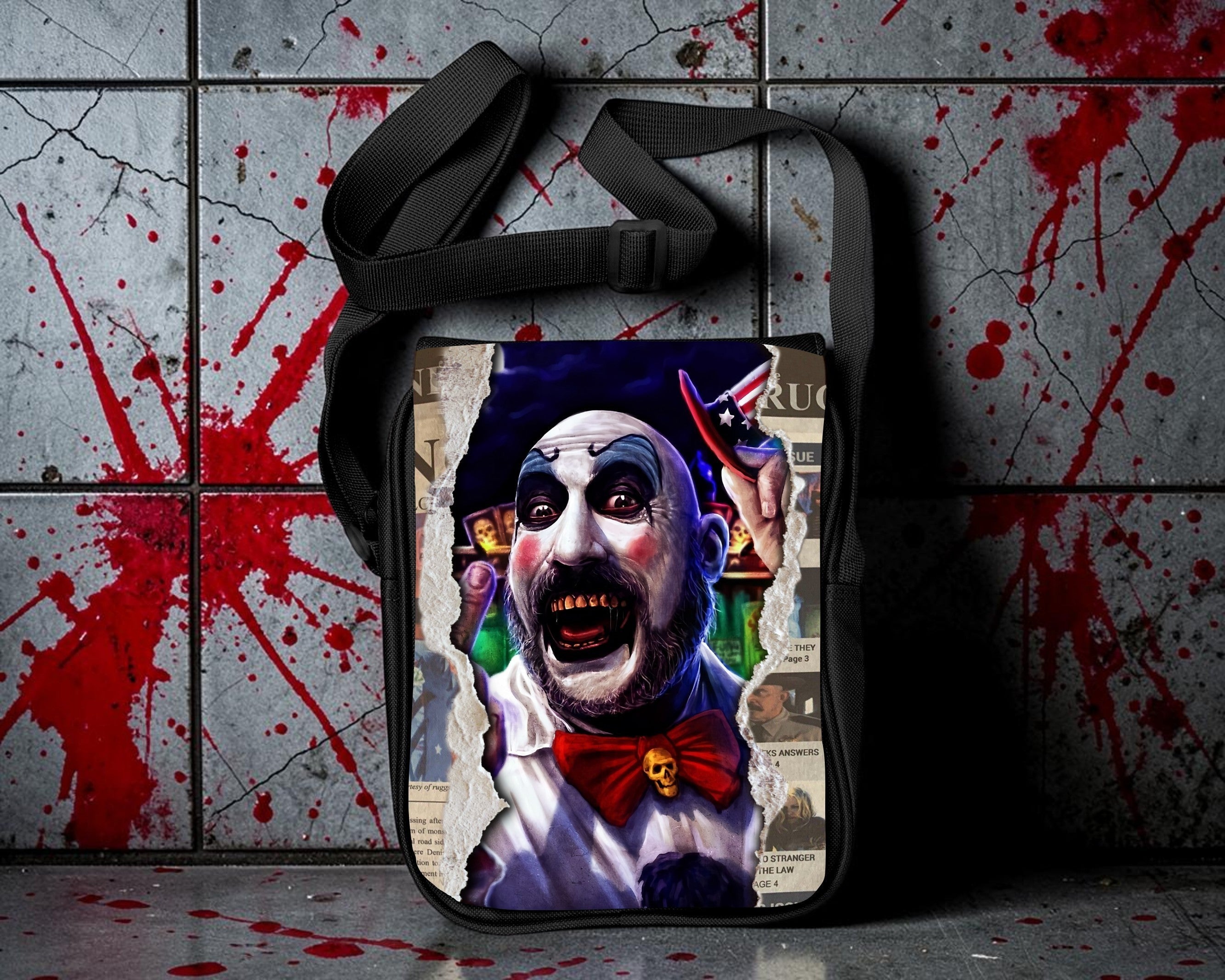 Halloween-Emporium Captain Spaulding horror movie messenger bag with clown graphic on a blood-splattered wall background