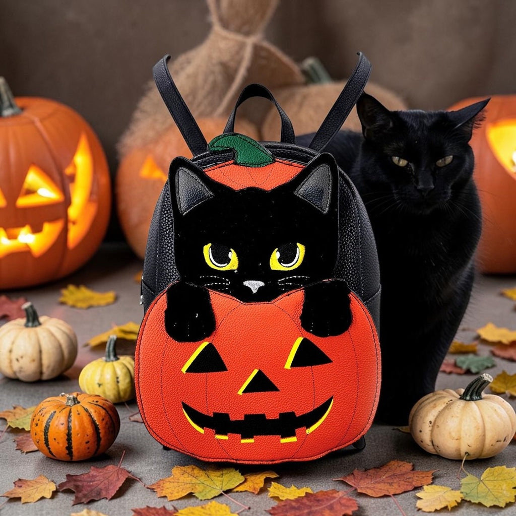 Halloween-Emporium faux leather mini backpack featuring a black cat in an orange jack-o'-lantern, set with pumpkins.