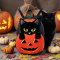 Halloween-Emporium faux leather mini backpack featuring a black cat in an orange jack-o'-lantern, set with pumpkins.