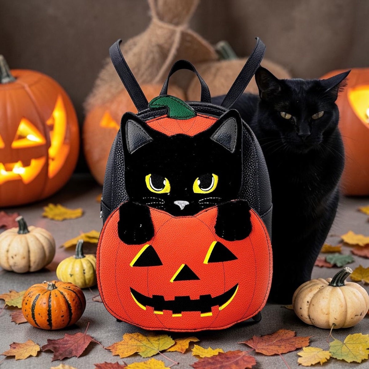 Halloween-Emporium faux leather mini backpack featuring a black cat in an orange jack-o'-lantern, set with pumpkins.