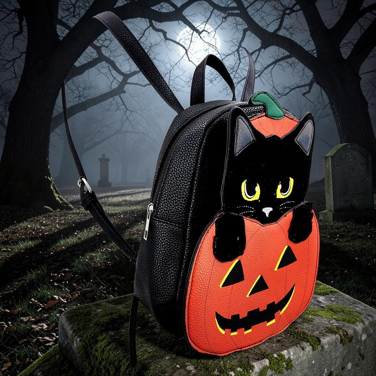 Halloween-Emporium black faux leather mini backpack featuring a black cat peeking out of an orange jack-o'-lantern.