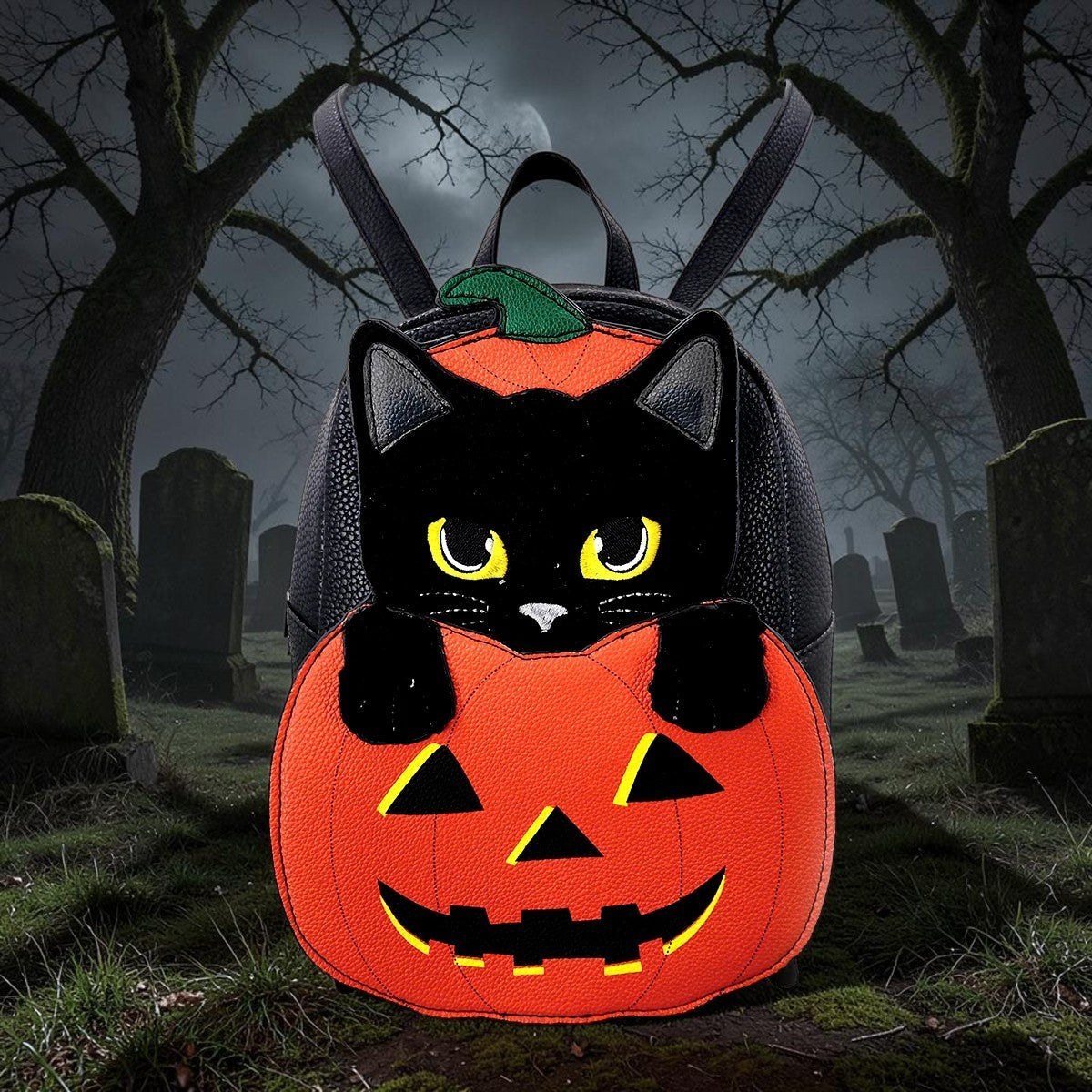 Halloween-Emporium faux leather mini backpack featuring a black cat peeking out of a bright orange jack-o'-lantern.