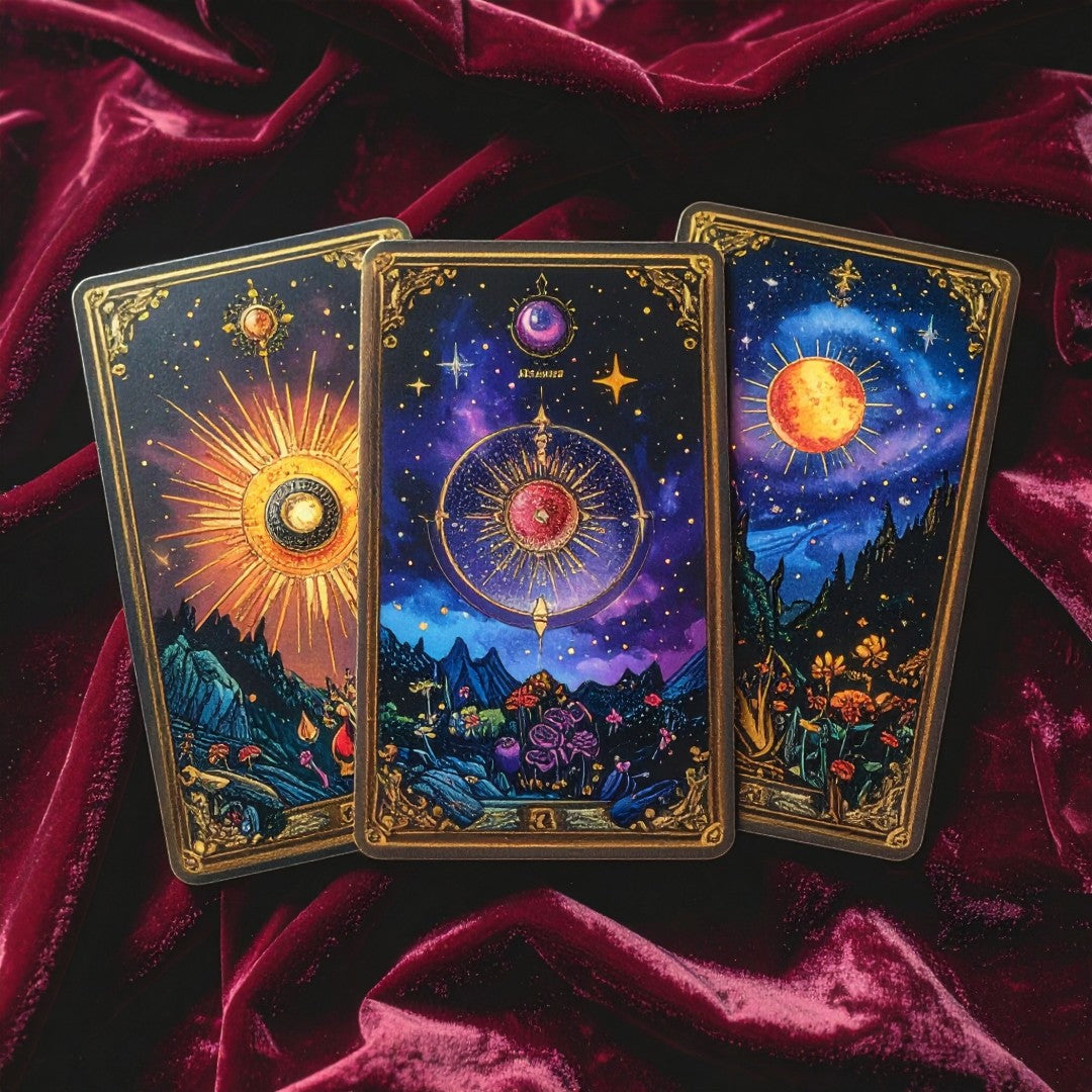 Halloween-Emporium tarot cards featuring celestial sun and moon art on a deep red velvet background