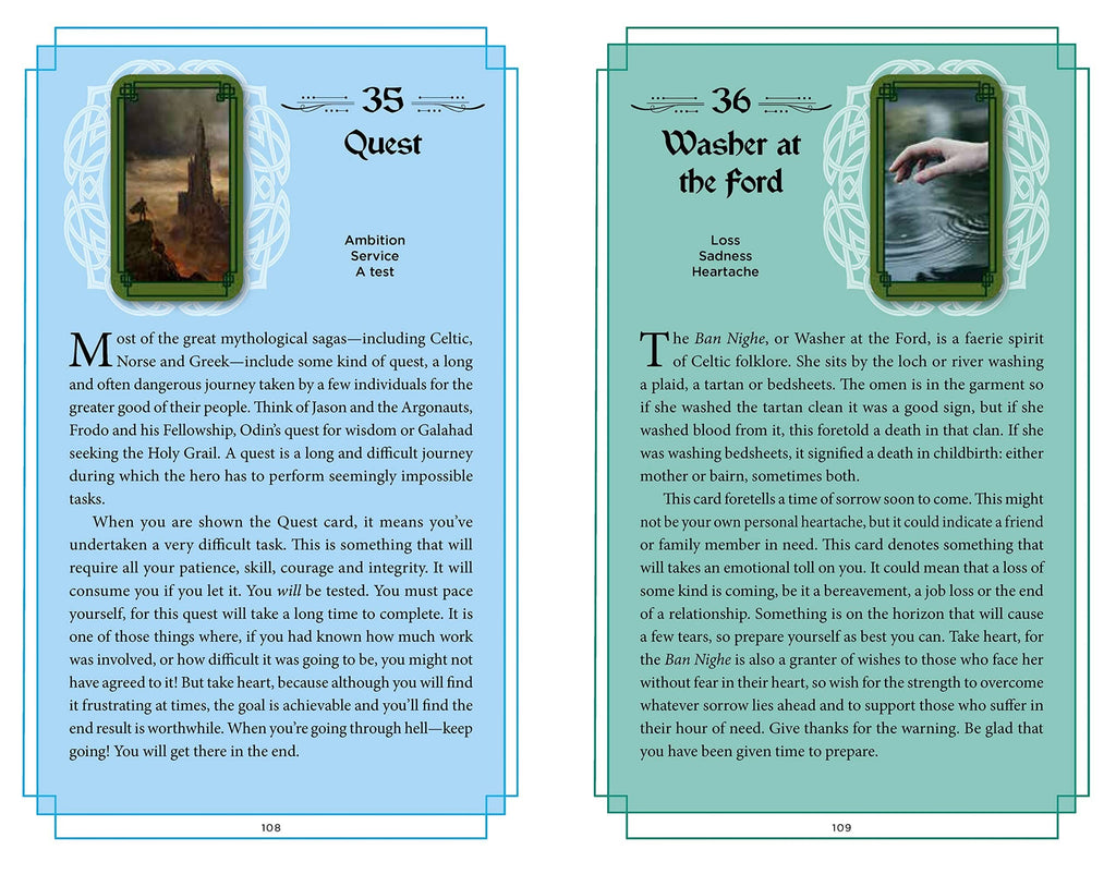 Halloween-Emporium Celtic Magic book pages 108 and 109 showing Quest and Washer at the Ford oracle cards and text