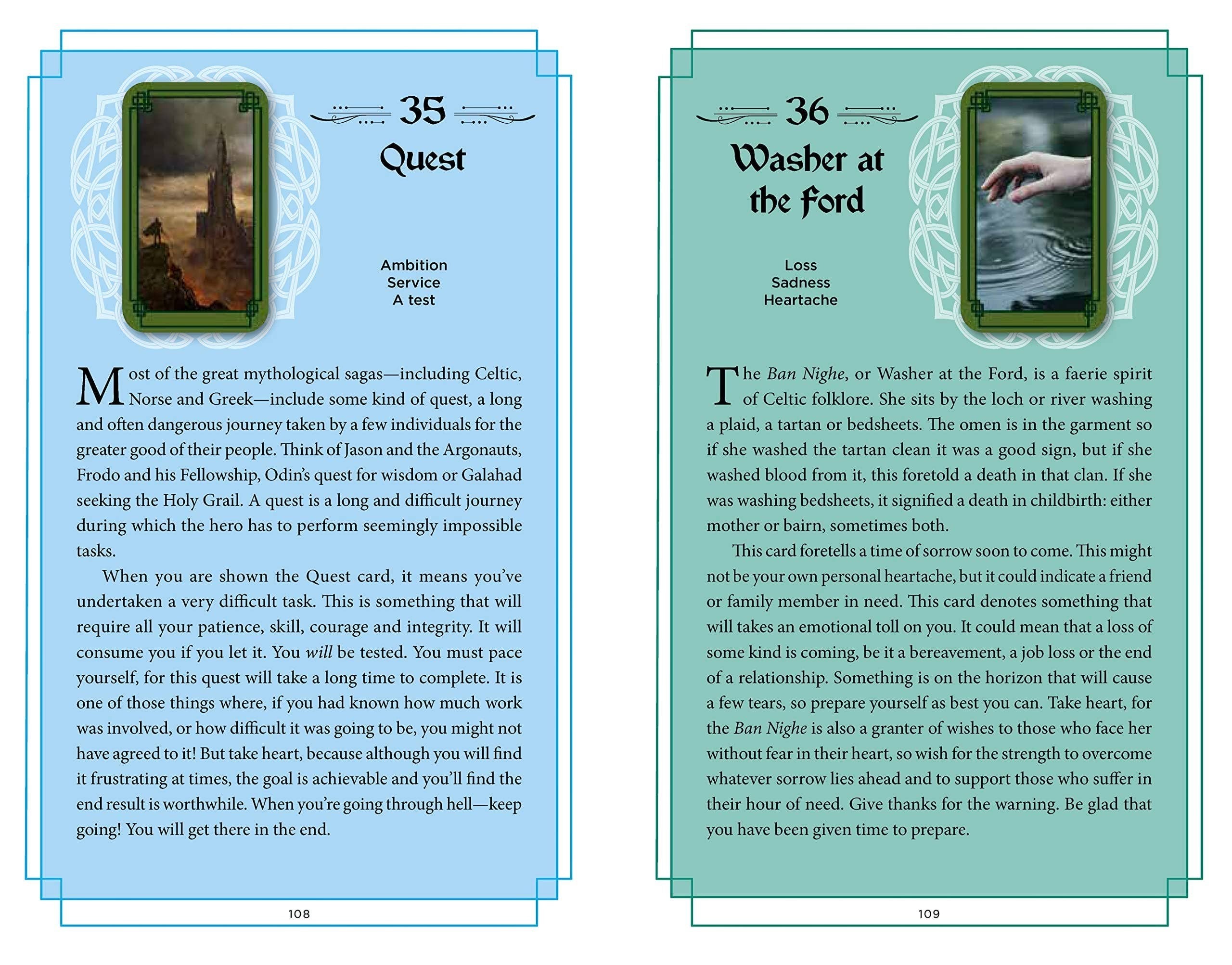 Halloween-Emporium Celtic Magic book pages 108 and 109 showing Quest and Washer at the Ford oracle cards and text