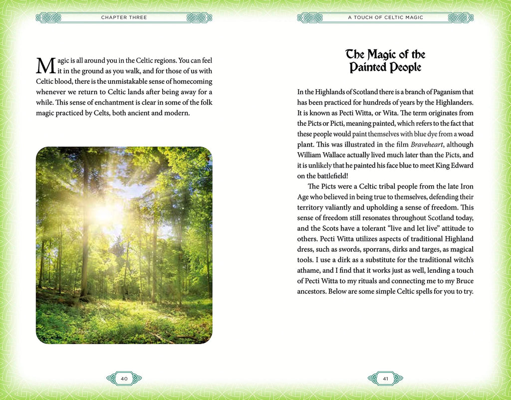 Halloween-Emporium Celtic Magic book pages featuring a forest photograph and text about the history of the Picts.
