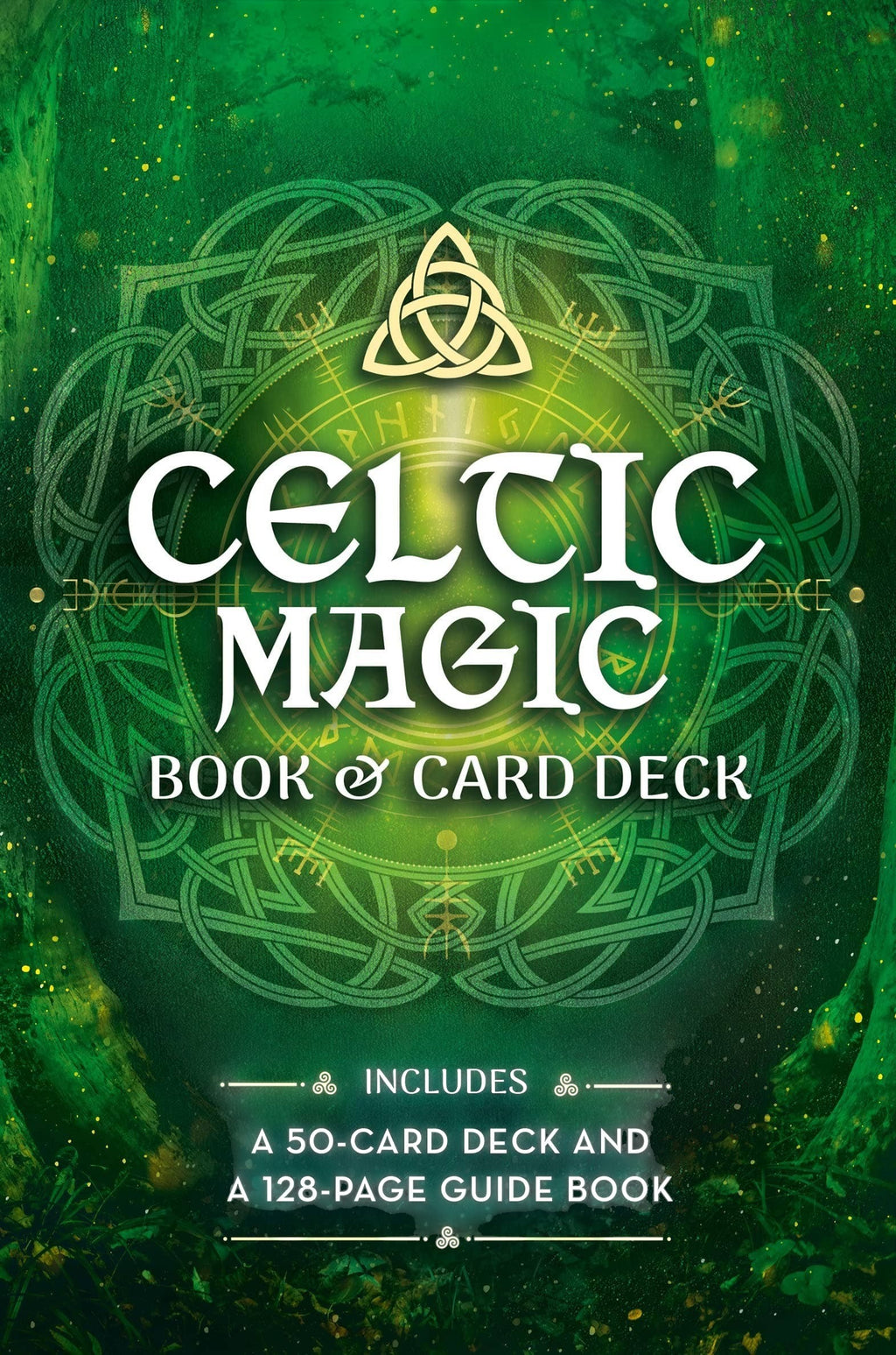Halloween-Emporium Celtic Magic book and 50-card oracle deck set with green knotwork design and gold lettering