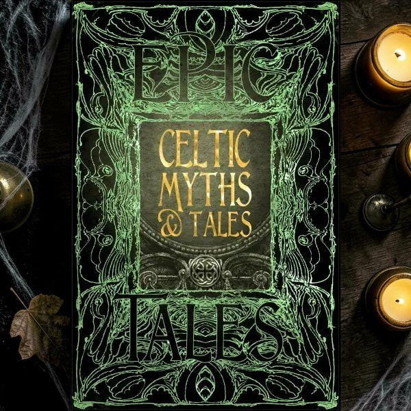 Halloween-Emporium Celtic Myths & Tales hardback book with ornate green and gold gothic cover design on wooden table