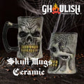 Halloween-Emporium ceramic skull mug with weathered bone finish and detailed skeletal features for gothic decor.