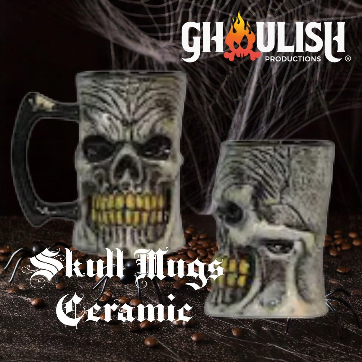 Halloween-Emporium ceramic skull mug with weathered bone finish and detailed skeletal features for gothic decor.