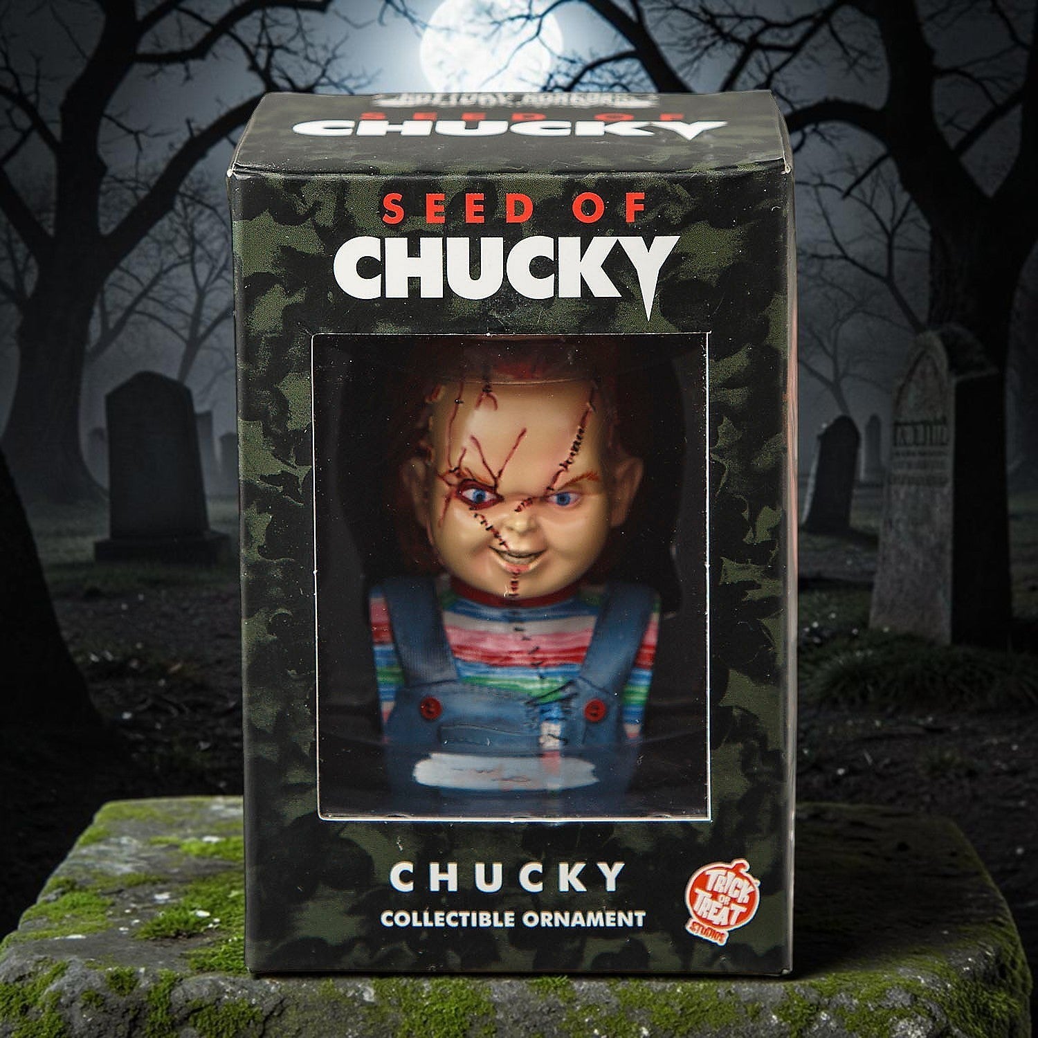 Halloween-Emporium Seed of Chucky resin bust ornament in its collectible display box featuring the iconic killer doll