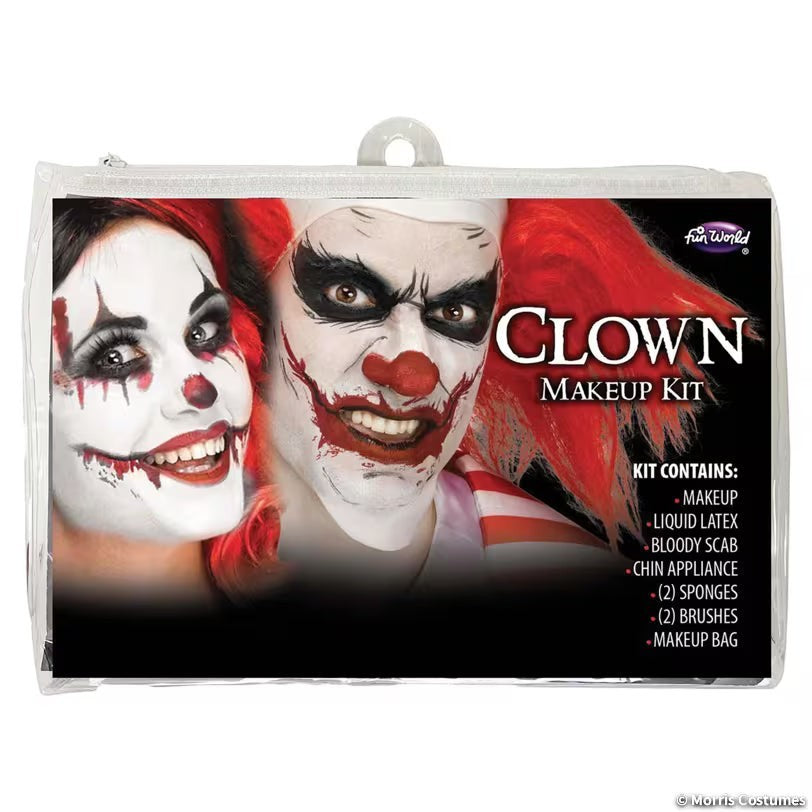 Halloween-Emporium clown makeup kit in packaging with liquid latex, bloody scab, and chin appliance for FX effects.