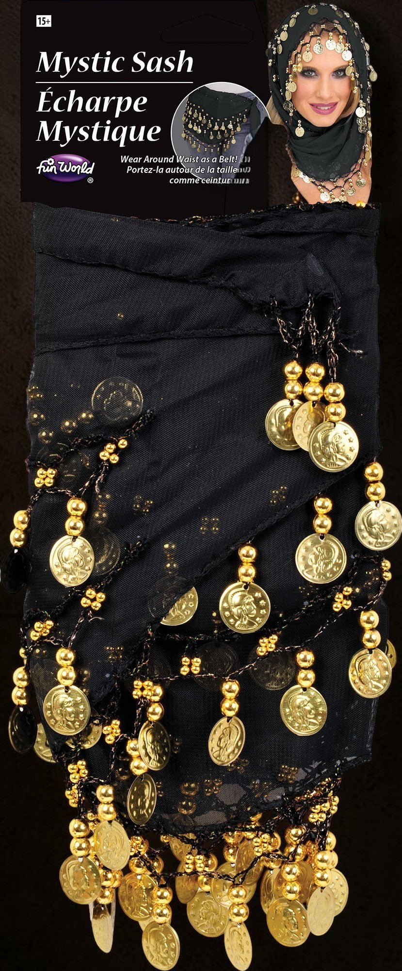 Halloween-Emporium black fabric waist wrap and headpiece set featuring dangling metallic gold-tone coins