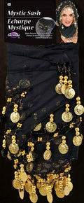 Halloween-Emporium black fabric waist wrap and headpiece set featuring dangling metallic gold-tone coins