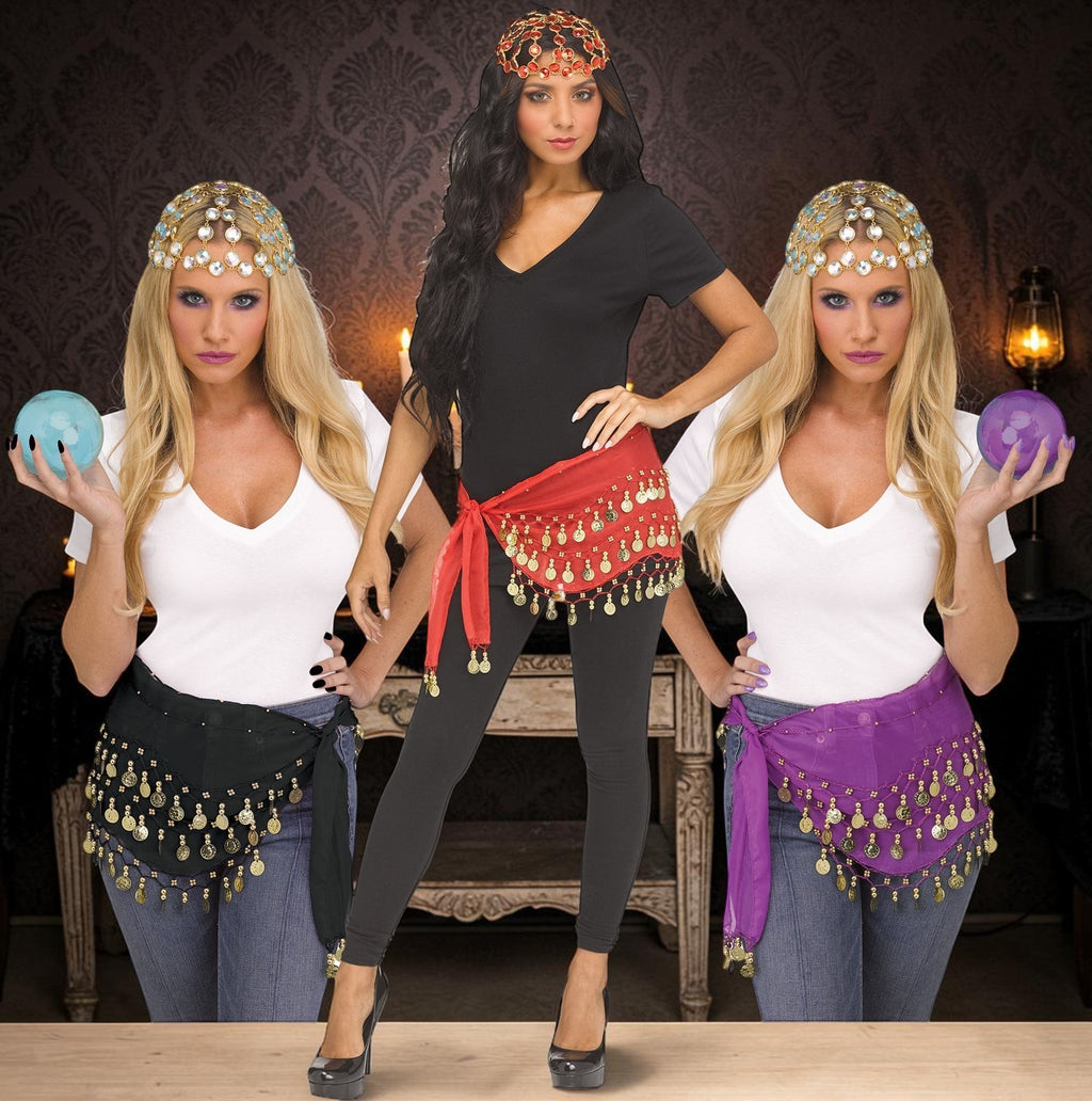 Halloween-Emporium coin embellished headpiece and waist wrap set in red, black, and purple for costume outfits.