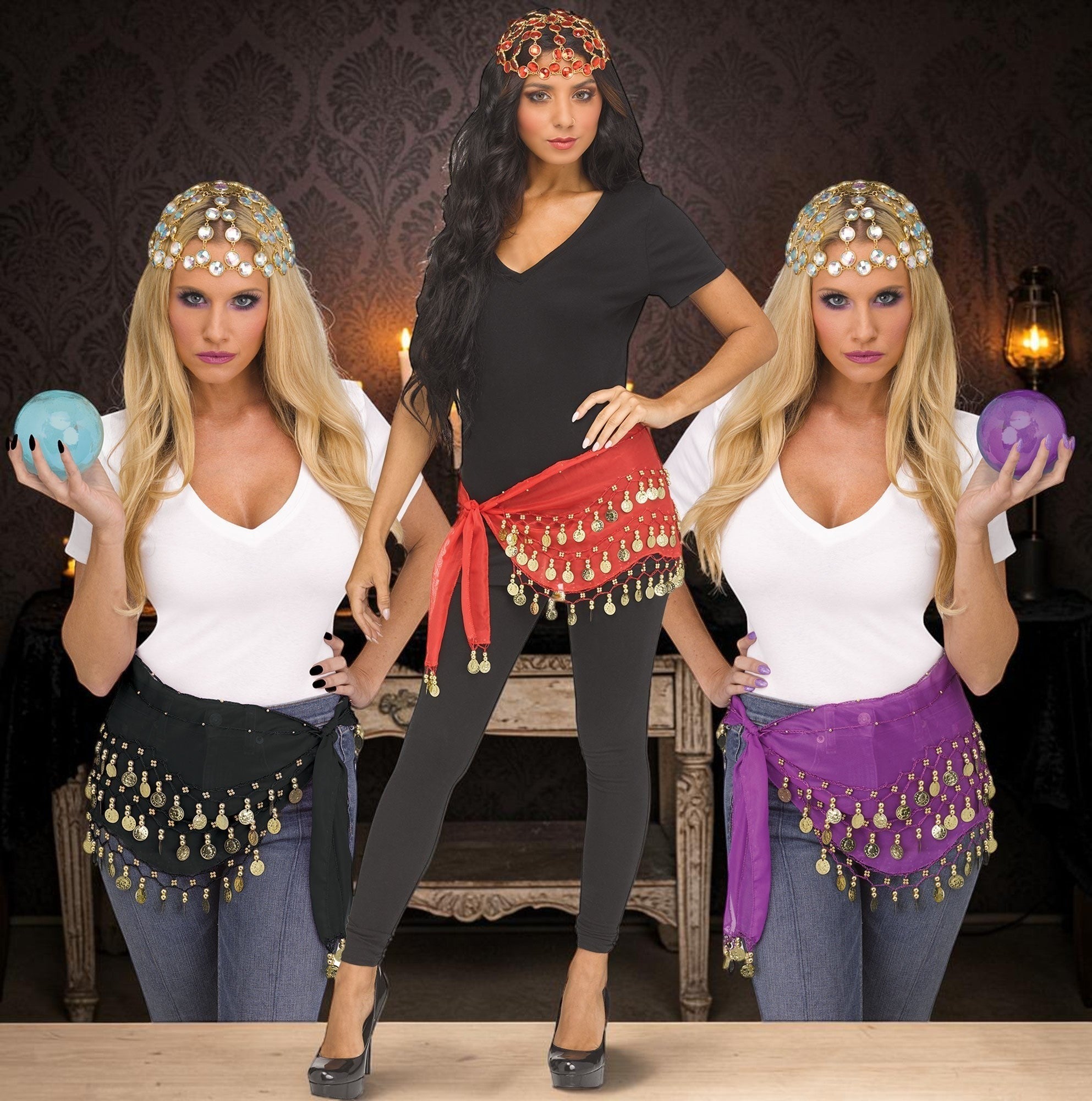 Halloween-Emporium coin embellished headpiece and waist wrap set in red, black, and purple for costume outfits.