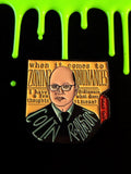 Halloween-Emporium Colin Robinson enamel pin featuring the WWDITS character with zoning ordinance quote text