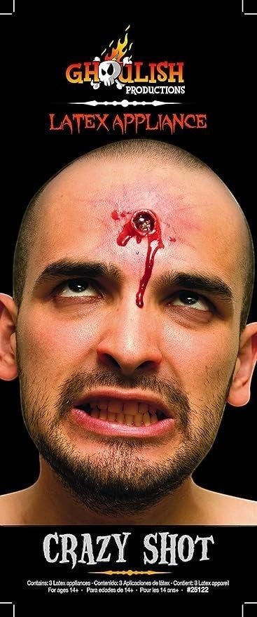 Halloween-Emporium Crazy Shot FX latex bullet wound appliance on a man's forehead for realistic horror makeup.