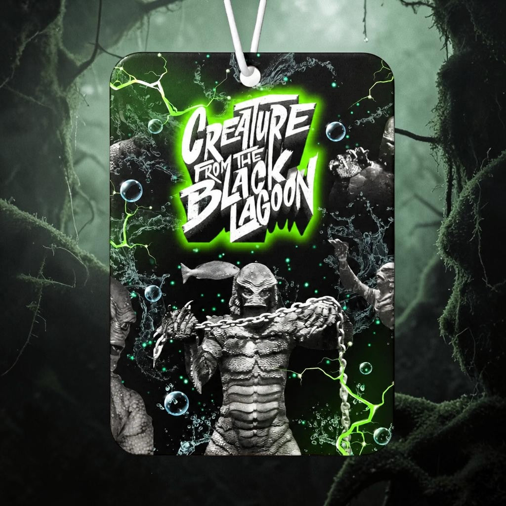 Halloween-Emporium Creature from the Black Lagoon air freshener with green swamp graphics and a rose scent.