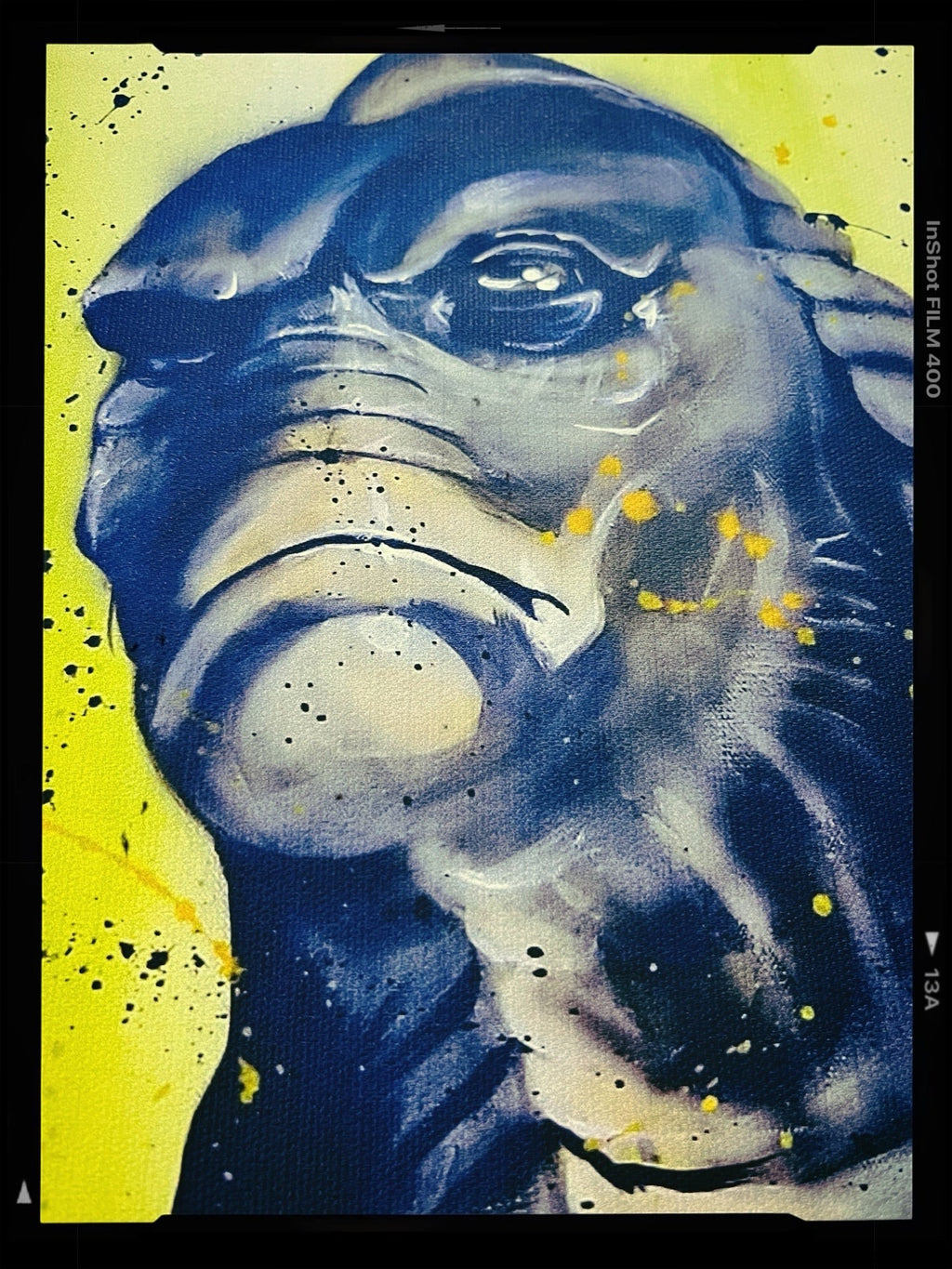 Halloween-Emporium Creature from the Black Lagoon canvas print with vibrant blue and yellow splatter paint art style.