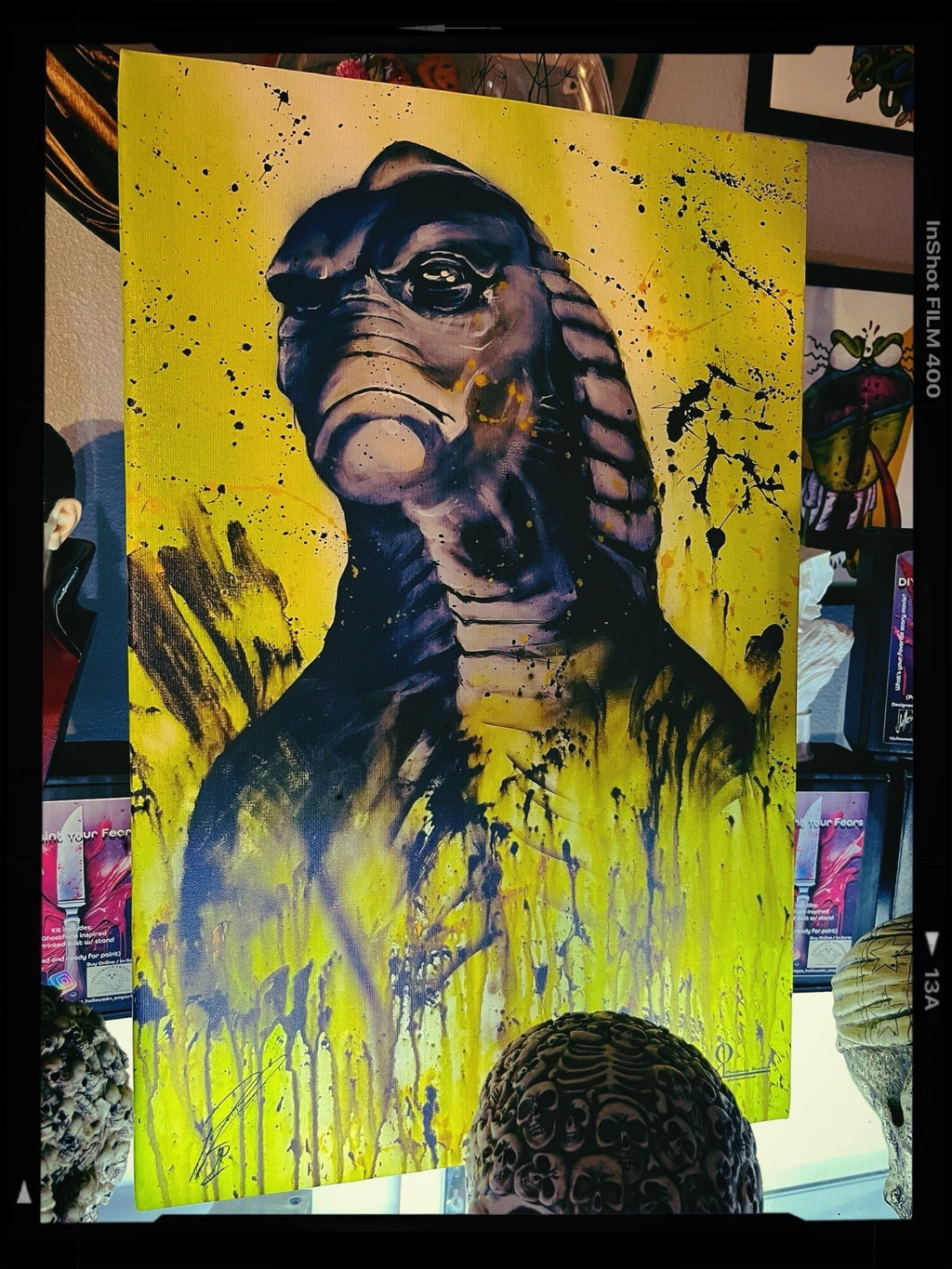 Halloween-Emporium Creature from the Black Lagoon canvas print featuring vibrant yellow paint splatter art style.