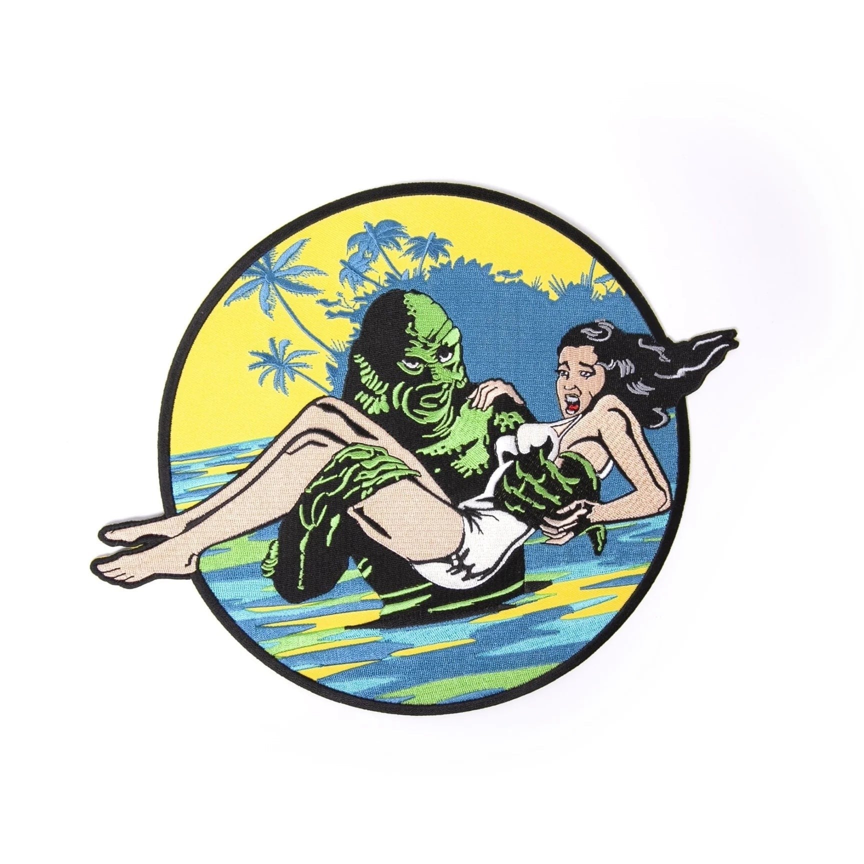 Halloween-Emporium 11-inch embroidered Creature from the Black Lagoon and damsel patch with vibrant horror movie art.