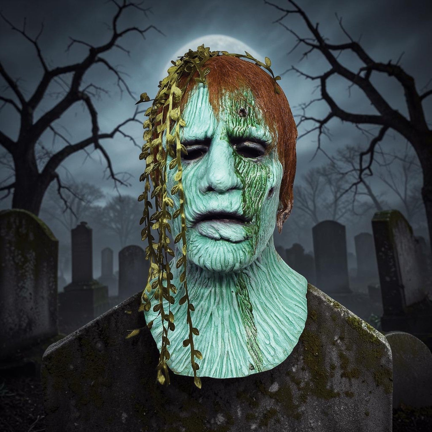 Halloween-Emporium Creepshow Harry swamp creature latex mask with green decaying skin, mossy vines, and brown hair.