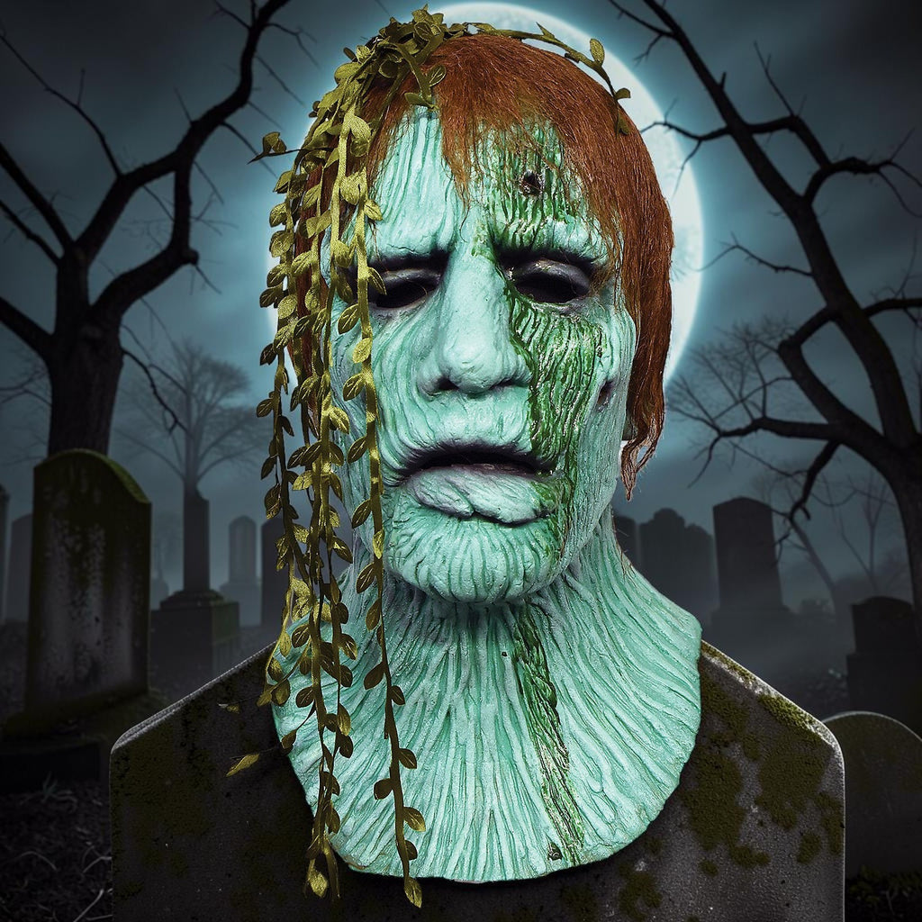 Halloween-Emporium Creepshow Harry swamp creature latex mask with mossy green skin, trailing vines, and realistic hair.