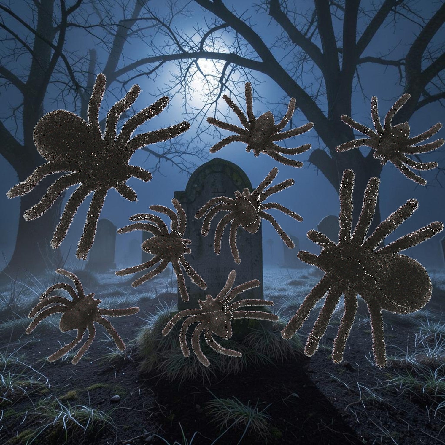Halloween-Emporium assorted creepy crawly spider decoration set featuring eight realistic black spiders in a graveyard