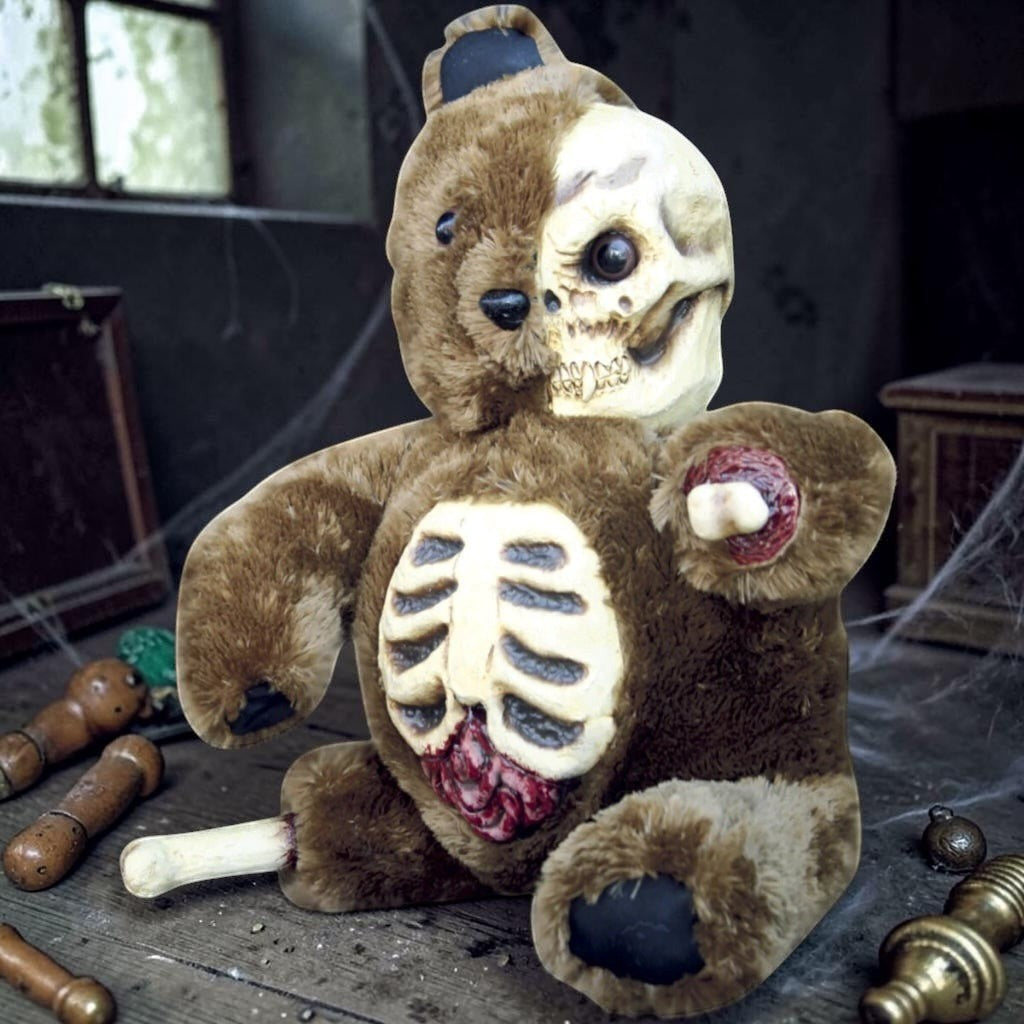 Halloween-Emporium Creepy Little Teddy plush with brown fur, exposed skull face, ribcage, and detached bone limb.