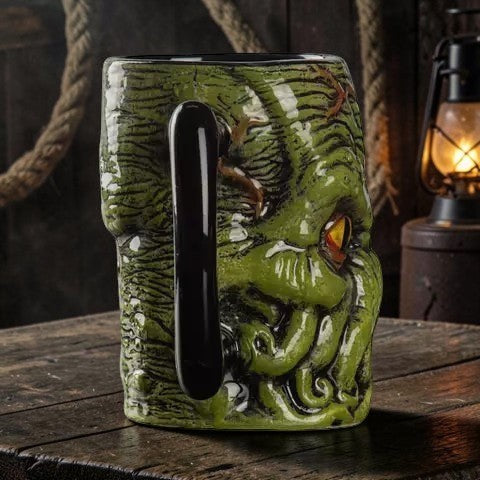 Halloween-Emporium Cthulhu ceramic mug with 3D tentacle design in swampy green glaze and a black handle