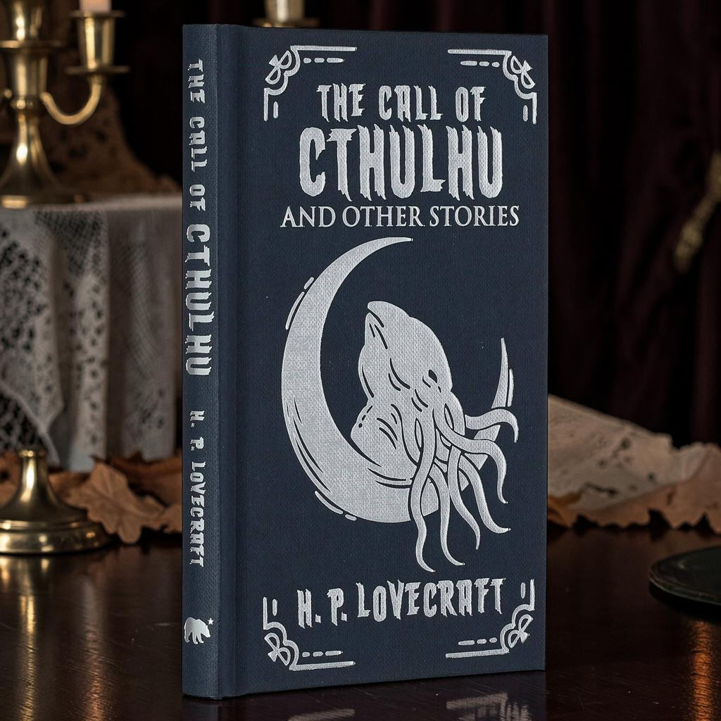 Halloween-Emporium The Call of Cthulhu hardcover book with silver embossed tentacle design on a dark blue cover.