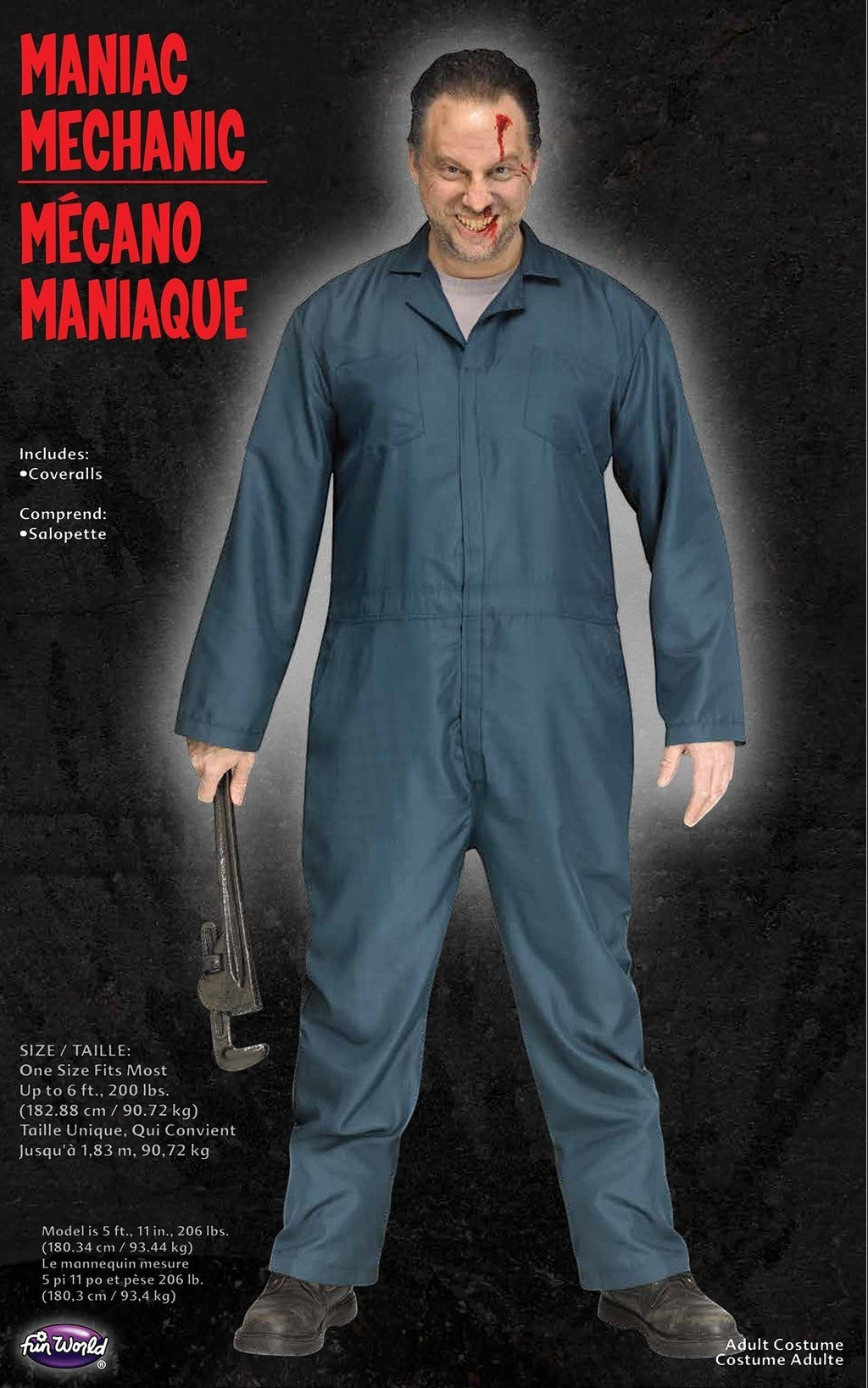Halloween-Emporium dark blue mechanic coveralls costume worn by a man holding a prop wrench for a horror look